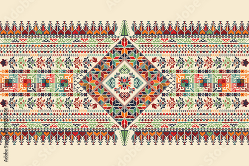 Traditional Tatreez embroidery horizontal seamless pattern, Palestinian border. Scalable vector design for print, background, template