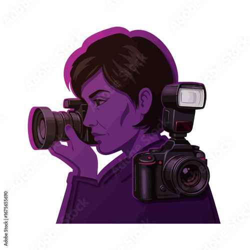Vibrant portrait of a photographer with camera in purple artistic style