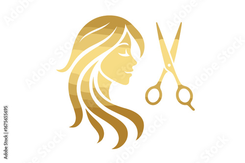 Beauty salon logo with golden woman face and scissors. Vector icon for hairdresser, stylist. Female profile silhouette with long hair. Concept for haircut, haircare, spa, fashion.