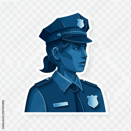 Monochromatic female police officer in profile view on transparent background
