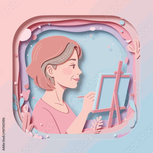 Artist creating masterpiece in pastel-themed paper cut art style