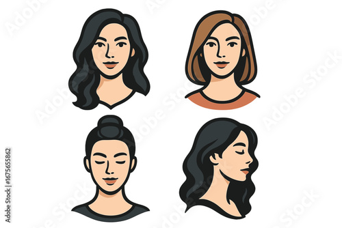 Set of female portraits. Collection of diverse beautiful women faces with different hairstyles. Vector cartoon illustration for avatar, user profile icon, or beauty concept.
