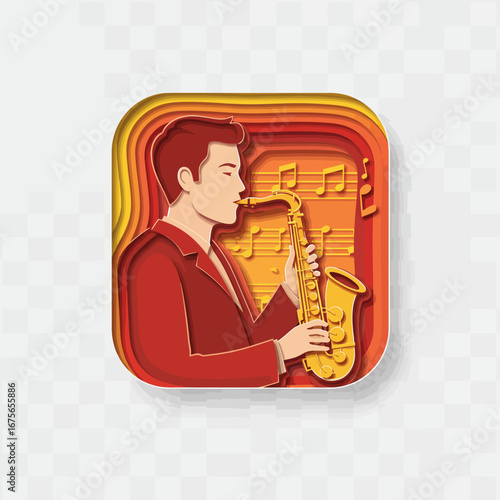 Colorful paper art of jazz musician playing saxophone with musical notes