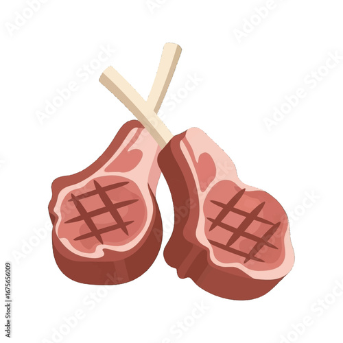 Two grilled lamb chops, displayed against a stark black backdrop, showcasing the appetizing hues of cooked meat.