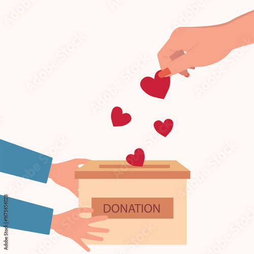 A pair of hands holding a charity box, the other hand  putting hearts into the box box , Concept for sharing love, Helping others, Charity supported vector illustration