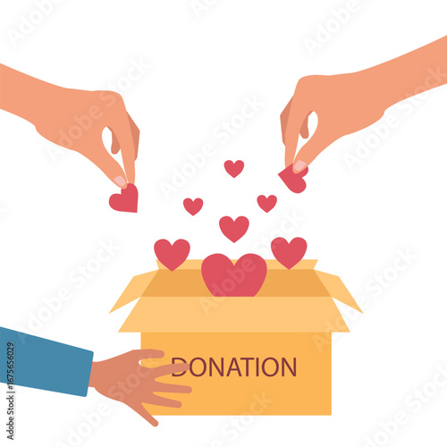 A pair of hands holding a charity box, the other hand  putting hearts into the box box , Concept for sharing love, Helping others, Charity supported vector illustration
