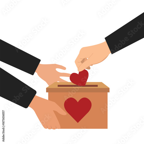 A pair of hands holding a charity box, the other hand  putting hearts into the box box , Concept for sharing love, Helping others, Charity supported vector illustration