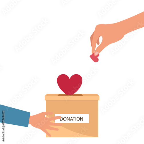 A pair of hands holding a charity box, the other hand  putting hearts into the box box , Concept for sharing love, Helping others, Charity supported vector illustration