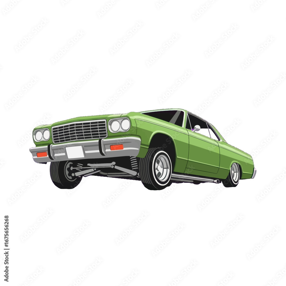 Fototapeta premium A lime green vintage coupe floats against a stark black background, showcasing its lowrider stance and detailed design.