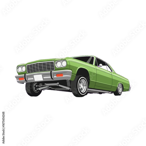 A lime green vintage coupe floats against a stark black background, showcasing its lowrider stance and detailed design.