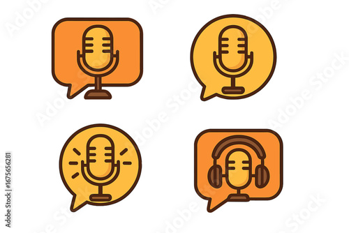 Podcast logo icon set. Microphone in speech bubble. Vector cartoon illustration for broadcast, audio show, or streaming. Mic with headphones and live sound wave symbols.