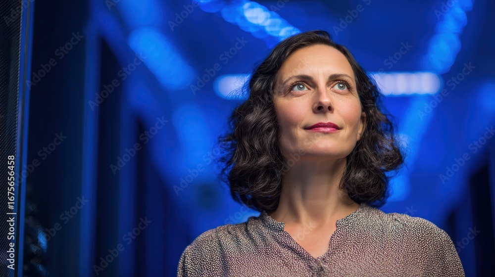 Fototapeta premium Female engineer stands confidently in modern data center with atmospheric blue lighting for tech industry, career women, or digital infrastructure themes.