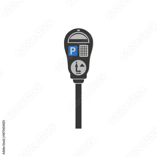 A parking meter, dark gray and black, features parking symbols and a parking sign.