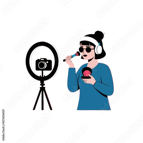 A stylized illustration of a woman applying makeup, set up for a video tutorial.