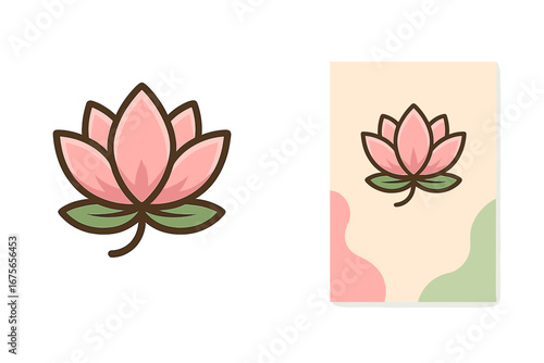 Lotus flower logo icon for yoga, spa, and wellness. Vector illustration of a blooming pink water lily. Symbol of beauty, purity, harmony, and meditation. Zen floral design.
