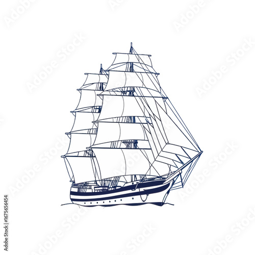 A detailed line art illustration of a majestic sailing vessel, showcasing intricate details of its sails and hull against a stark black backdrop.