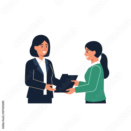 Two professional women exchange a document in a friendly business interaction.