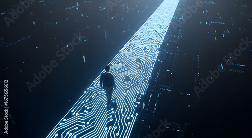 Man walking on a glowing blue circuit board path in digital space