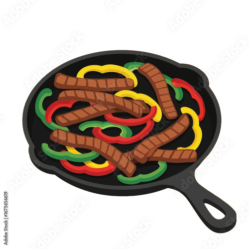 A colorful depiction of strips of cooked beef and bell peppers in a cast iron skillet.