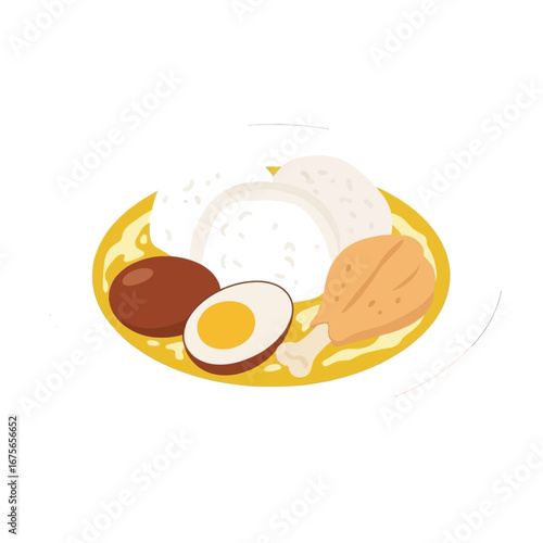 A plate of rice, chicken, and eggs, served in a golden, flavorful broth.