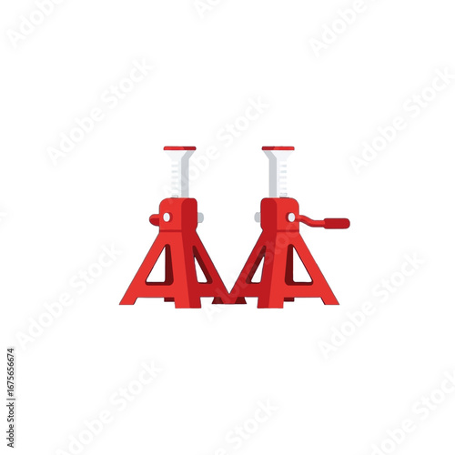 Two red vehicle jack stands are depicted against a black backdrop.
