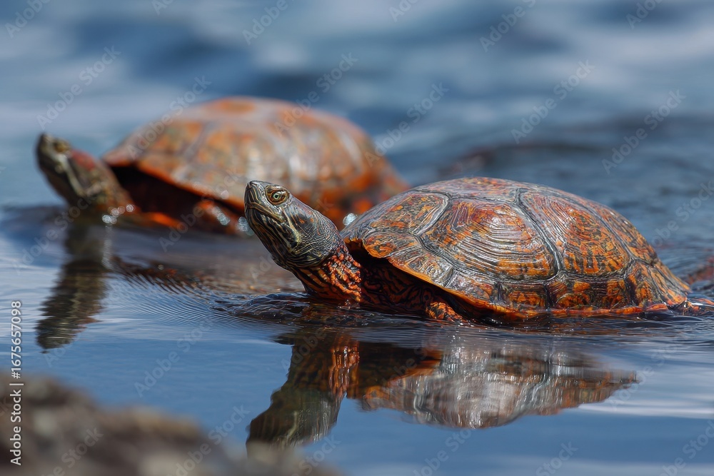 Obraz premium Turtles compete in a race toward the finish line amidst calm waters during a sunny afternoon in a natural habitat