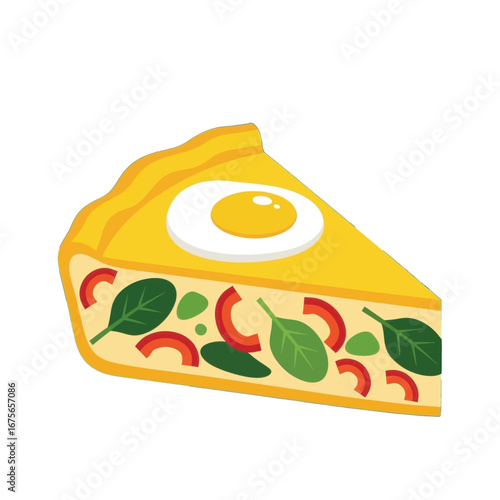 A vibrant slice of quiche, showcasing a sunny-side-up egg atop a colorful medley of vegetables.