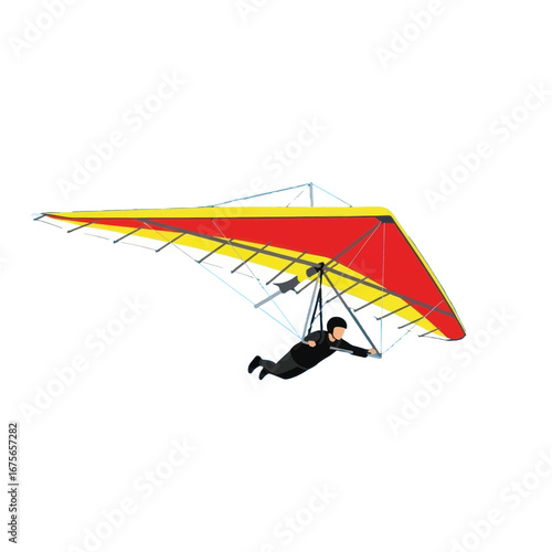A person soars high above in a vibrant red and yellow hang glider, against a dark background.