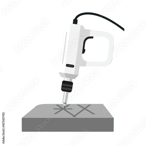 A simplified illustration of a white drill press, poised to create a precise hole in a gray stone block.