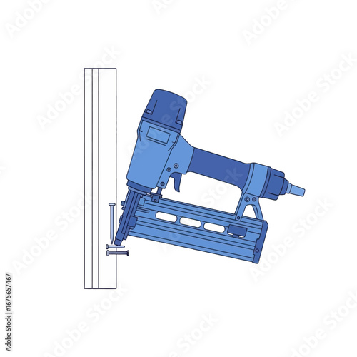 A depiction of a construction tool, a pneumatic stapler, in use, securing a board to a vertical surface.