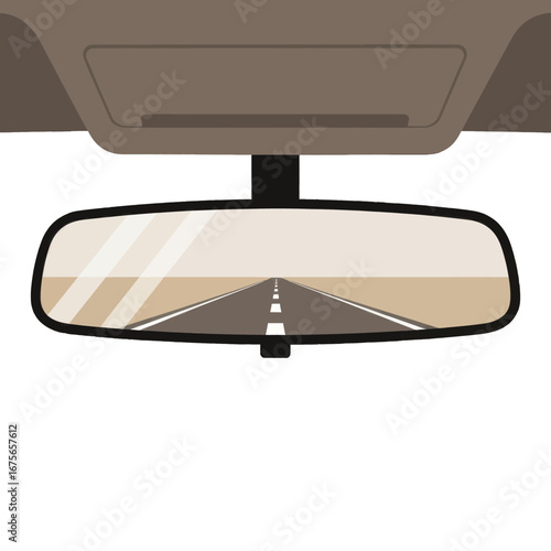 A simplified illustration of a car's rearview mirror reflecting a vast, open road stretching into the distance across a beige desert landscape.