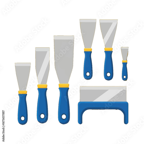 Various sizes of flat metal spatulas with blue handles are displayed against a black background.
