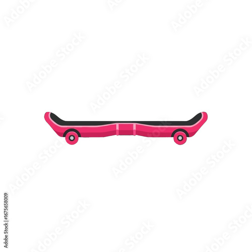 A vibrant pink skateboard, depicted in a flat design style, set against a stark black background.