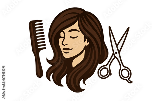 Hair salon logo vector with beautiful woman face. Concept for hairdresser, hairstylist, beauty parlor, coiffure. Scissors and comb for haircut, styling, haircare. Female.