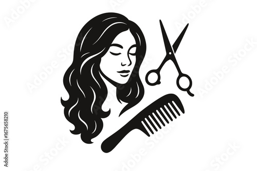 Hair salon logo with woman face silhouette. Beauty studio icon with girl hairstyle. Hairdresser, scissors, and comb vector illustration. Concept for hairstylist or barbershop.