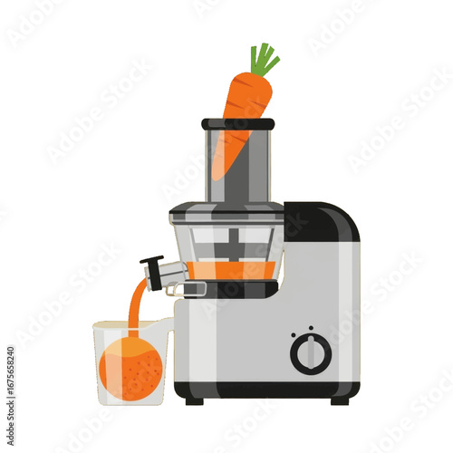 A modern juicer is shown in action, producing fresh orange juice from a carrot.