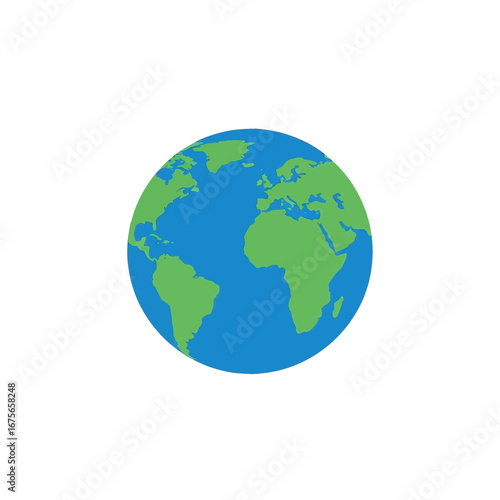 A stylized illustration of Earth, showcasing continents and oceans in vibrant green and blue hues against a striking black background.