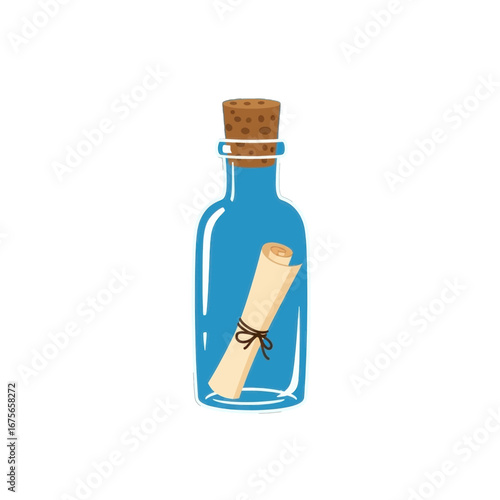 A simple, stylized illustration of a message in a bottle against a dark background.