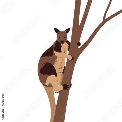 A stylized illustration of a tree-dwelling marsupial, presented against a striking black backdrop.