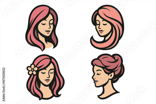 Set of woman face logo emblems for beauty salon. Collection of female heads with different hairstyles. Girl character icon for cosmetics, spa, hair care. Vector illustrations.