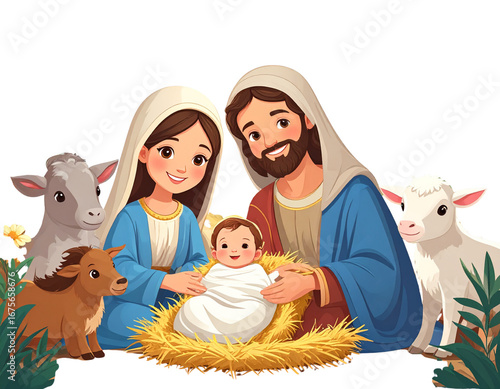 Cartoon Nativity Characters with Baby Jesus in Cradle, Playful Style, Transparent PNG