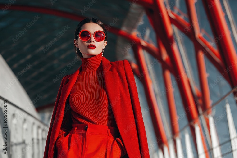 Fashionable woman showcasing a trendy red outfit in a modern urban setting during daylight hours with architecturally striking background
