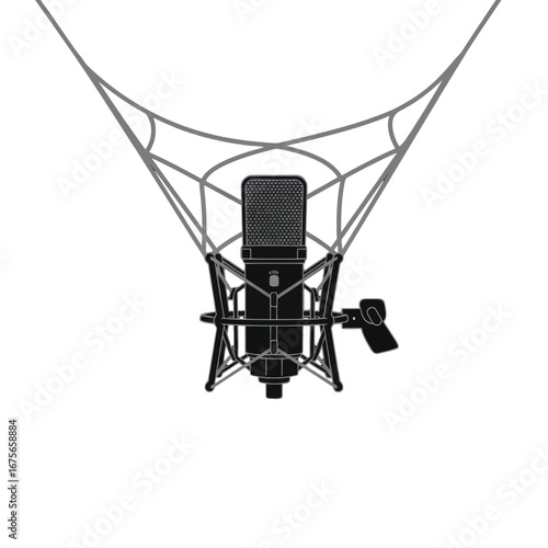 microphone with intricate support network, presented in a minimalist design.