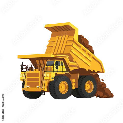 A large, bright yellow mining truck, filled with earth, is shown against a black background.