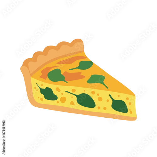 A vibrant slice of quiche, featuring a rich yellow filling and fresh green spinach leaves, is presented against a bold black background.