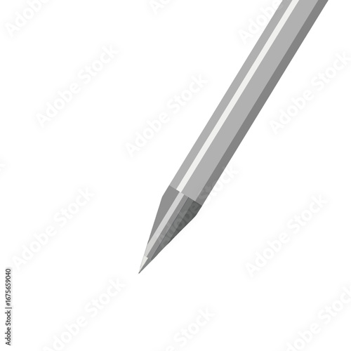 A grayscale image of a stylized pen, featuring a sharp, pointed tip and a metallic, geometrically designed body against a dark backdrop.
