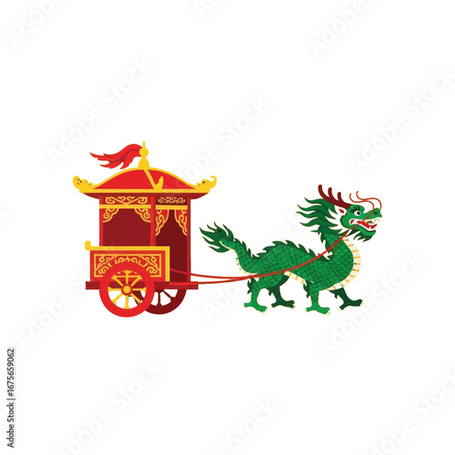 A detailed illustration of a vibrant red chariot pulled by a majestic green dragon against a stark black background.