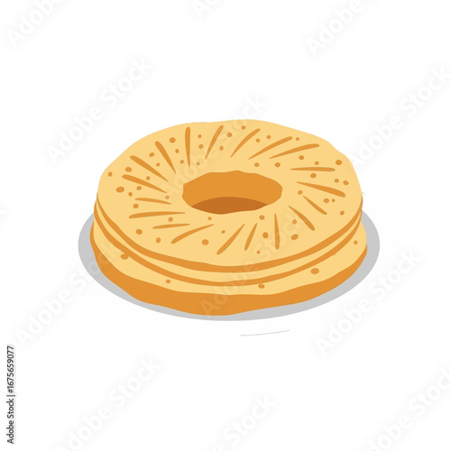 A circular, layered cake rests on a white plate, displaying a warm, inviting golden hue.