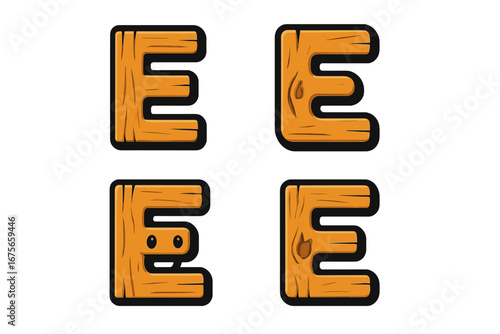 Cartoon letter E with wood texture vector set. Wooden alphabet font character illustration. Cute mascot with face. Graphic design element for typography, abc, and education.