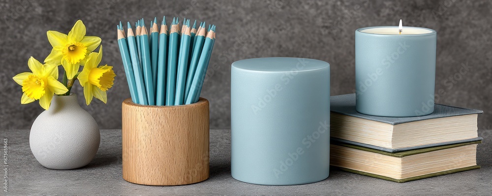 Naklejka premium Yellow Flowers, Blue Pencils and Candle Still Life